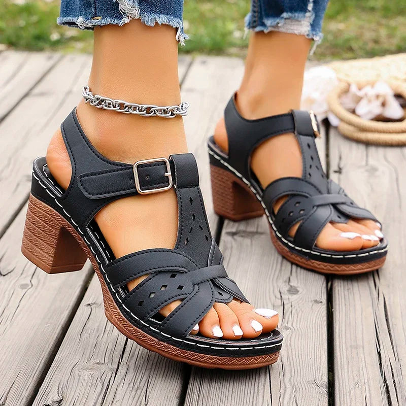 Sandalias Romanas de Tacón Alto para Mujer | Suela Gruesa y Ligera | Hebilla Tobillera | Tallas 36-43
