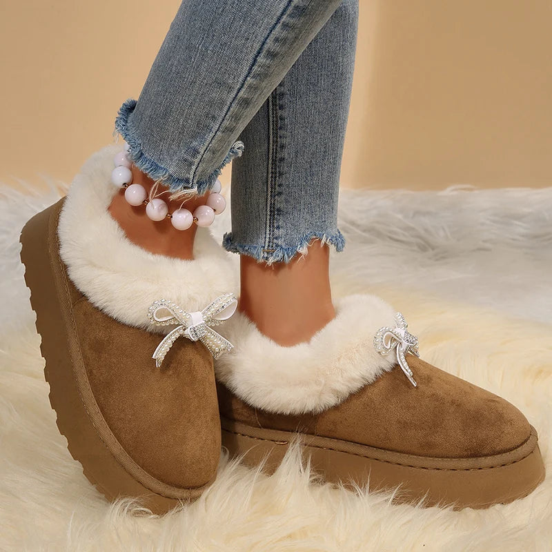 Botas De Nieve Piel Sintética Lazo De Cristal Moda Tica