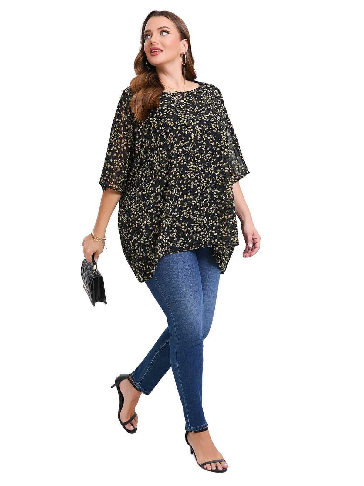 Blusa de Gasa Florales Plus Size | Manga Murciélago Cuello Redondo | Tallas 2XL-6XL | Tico Trendy