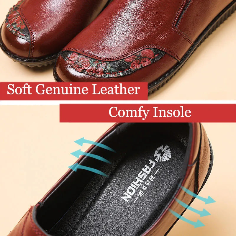 Mocasines de Cuero Genuino con Estampado Floral | Suela Blanda | Punta Ancha | Estilo Retro