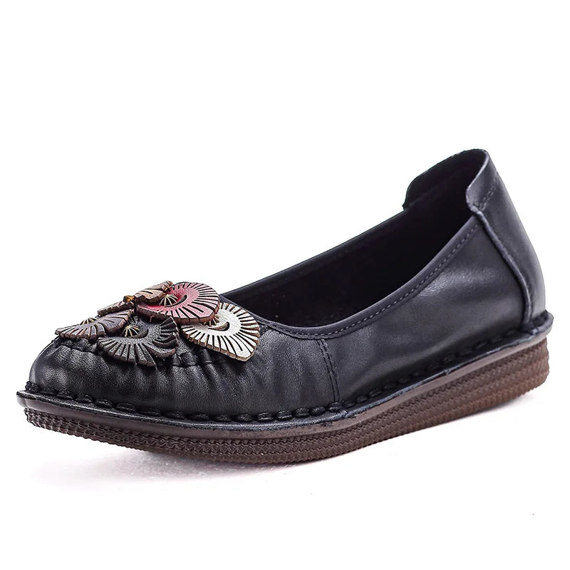Mocasines Étnicos de Cuero Genuino para Mamá | Punta Redonda | Antideslizantes | Verano 2025