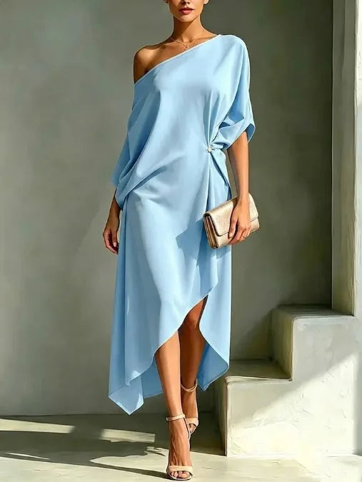 Vestido Maxi Fruncido Asimétrico Hombros Descubiertos