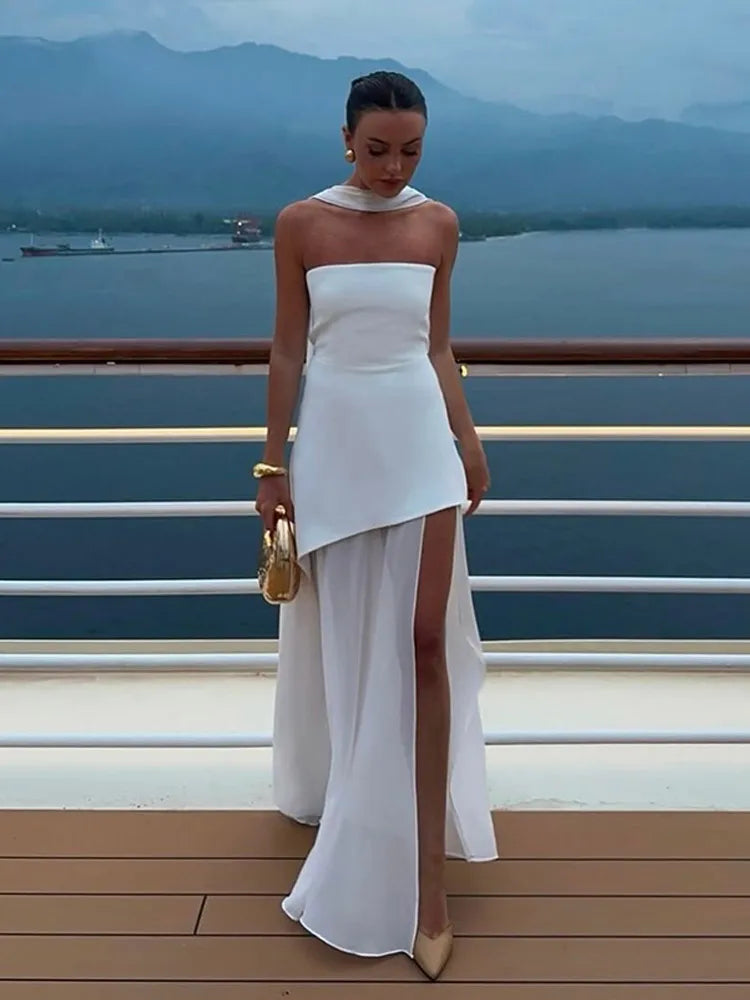 Vestido envuelto en el pecho liso con tirantes para mujer, vestido con bufanda y espalda descubierta de malla transparente con contraste, ropa de fiesta en la playa para verano 2025