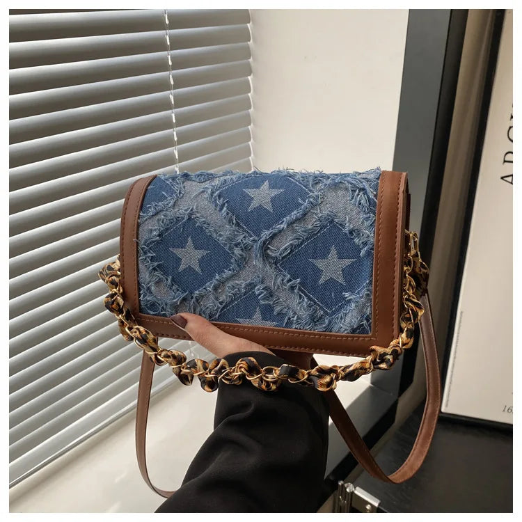 Bolso Hombro Vaquero Mujer Retro Estrellas Cinta Leopardo
