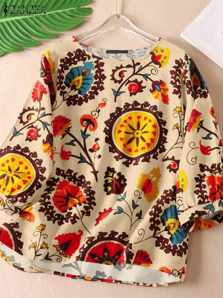 Blusa Retro para Mujer | Estampado Vintage | Túnica Holgada de Algodón | Ticotrendy