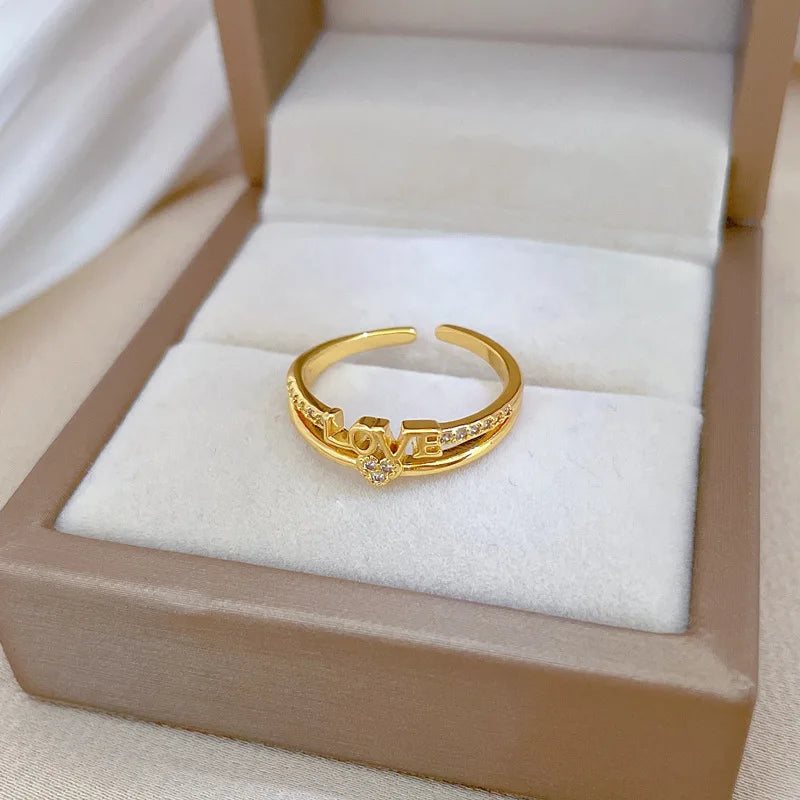 Anillos con letras de amor de circón chapado en oro de 18 quilates para mujeres y niñas, anillo de cobre abierto ajustable dulce, accesorios de joyería, regalos