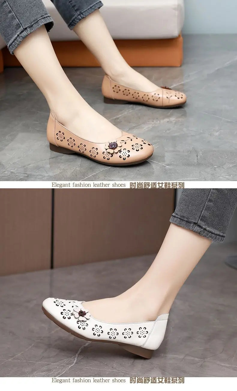 Mocasines de Cuero con Diseño Floral | Recortes Blancos | Planos | Informales
