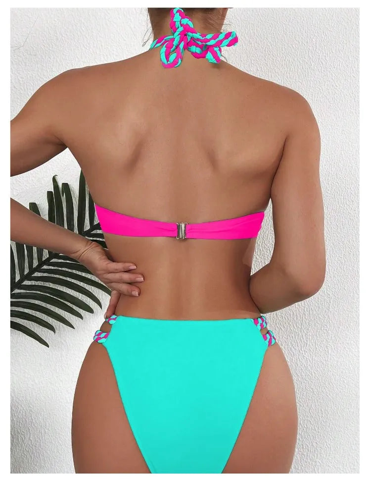 Bikini Push Up Colorblock con Estilo Halter para Playa
