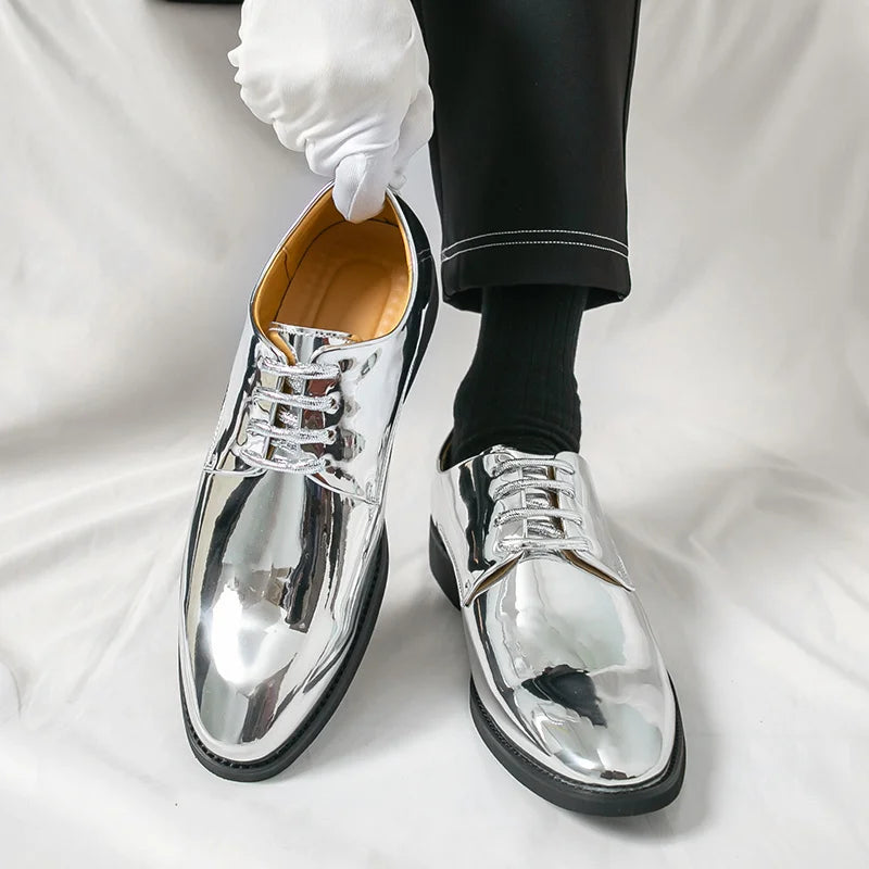 Zapatos Hombre Charol Plateados Lujo Boda Fiesta Punta Puntiaguda | Talla Grande