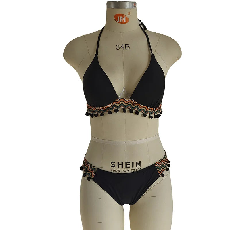 Bikini Set Ticotrendy Mujer Estilo Playa Cuello Halter Bordeado | Cintura Alta