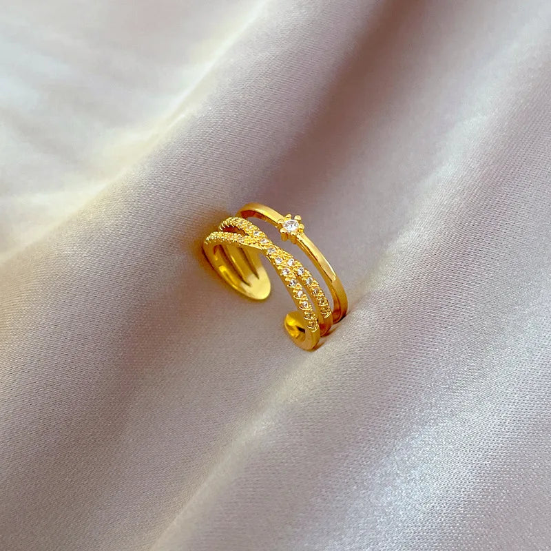 Anillos ajustables con forma de cruz de circón para mujer y niña, anillos de cobre de doble capa de Color dorado, accesorios para dedos, regalos