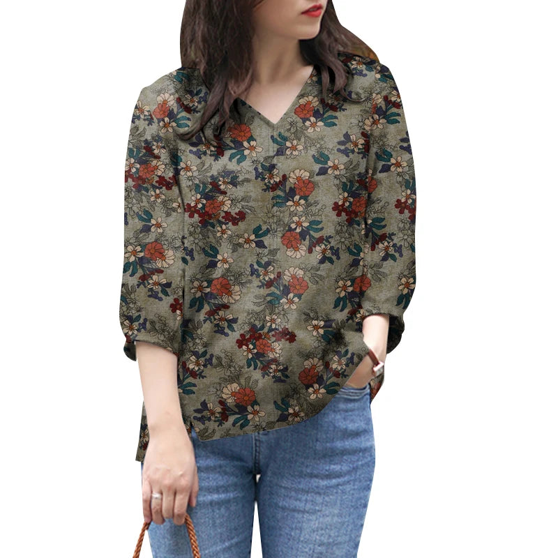 ZANZEA Blusas de algodón con estampado Floral de talla grande para mujer, blusas de manga 3/4 con cuello en V, Top de corte alto-bajo, Blusas informales para primavera y verano, 5XL