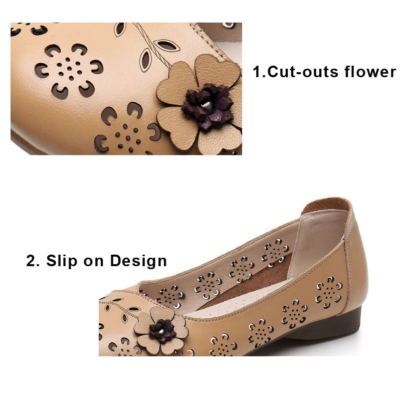 Mocasines de Cuero con Diseño Floral | Recortes Blancos | Planos | Informales
