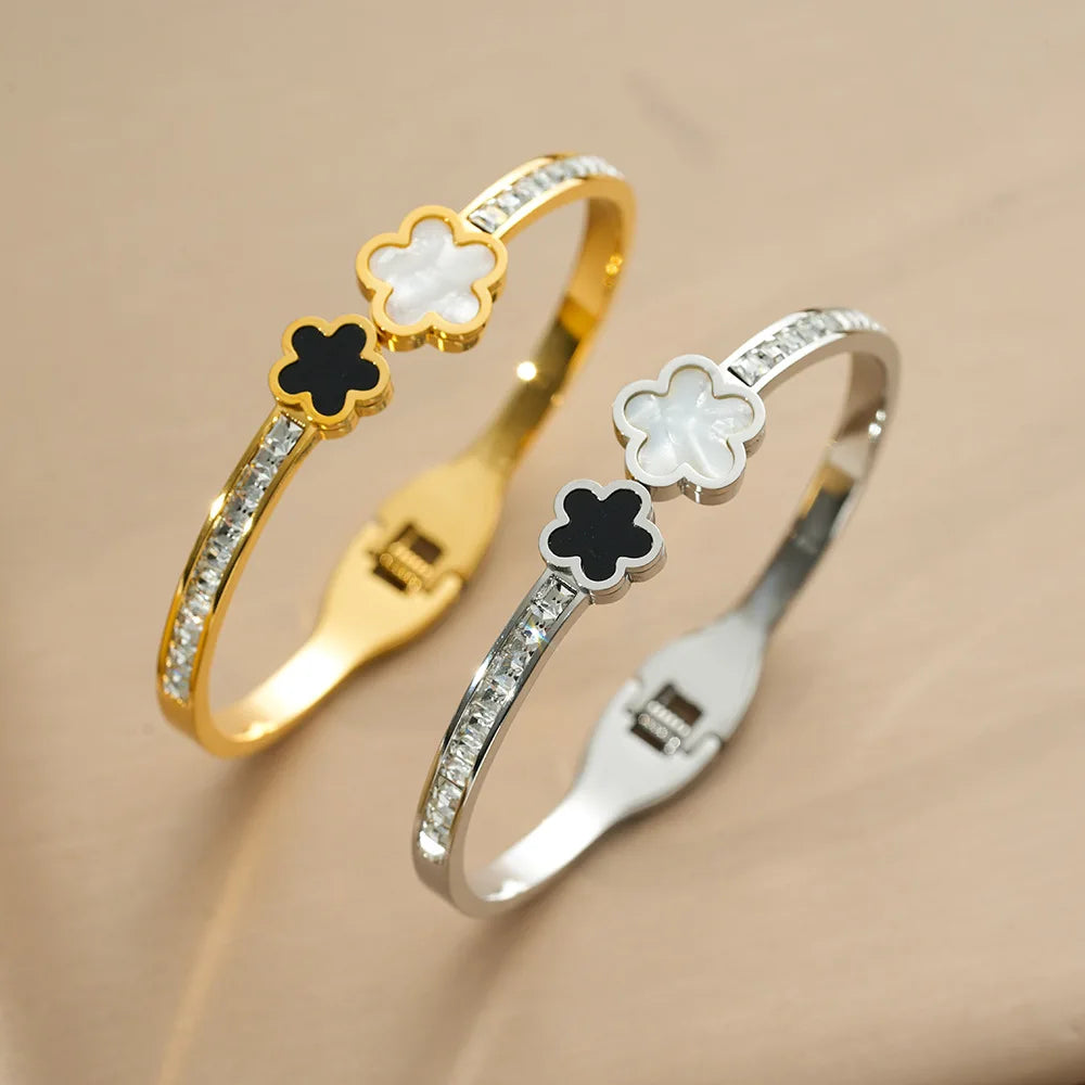 Brazaletes de flores de concha de moda de acero inoxidable para mujer, pulseras de circón brillantes a la moda, accesorios de mano, regalos para amigos