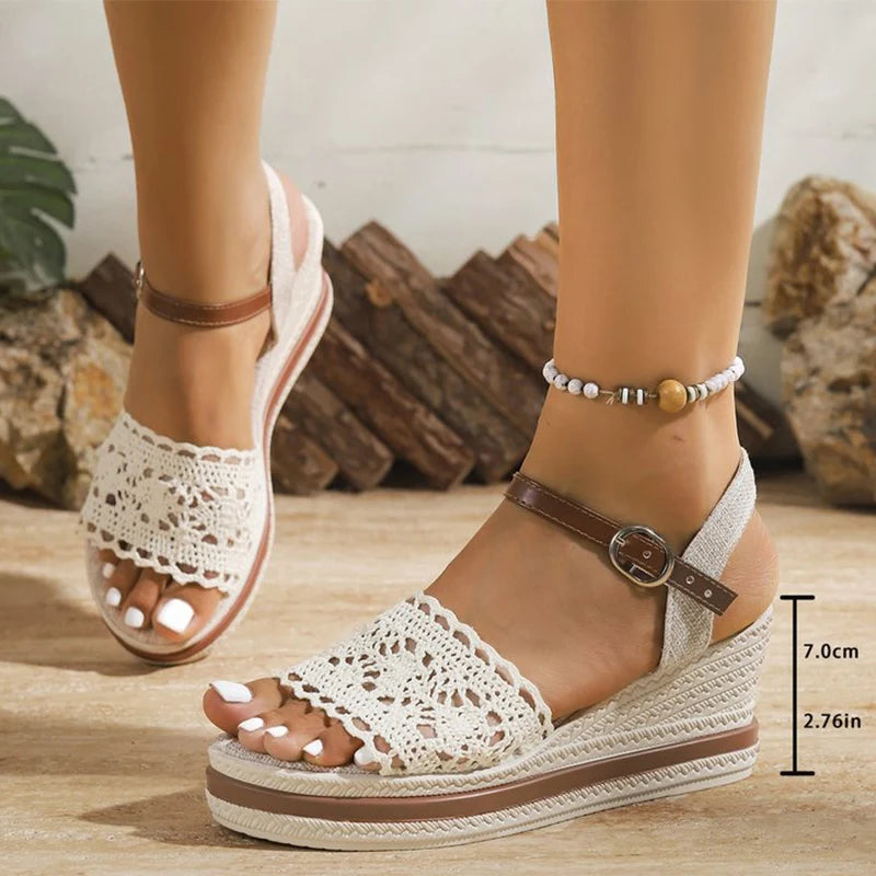 Sandalias Cuña Plataforma Alta Estilo Bohemio | Correa Hebilla Casual Verano