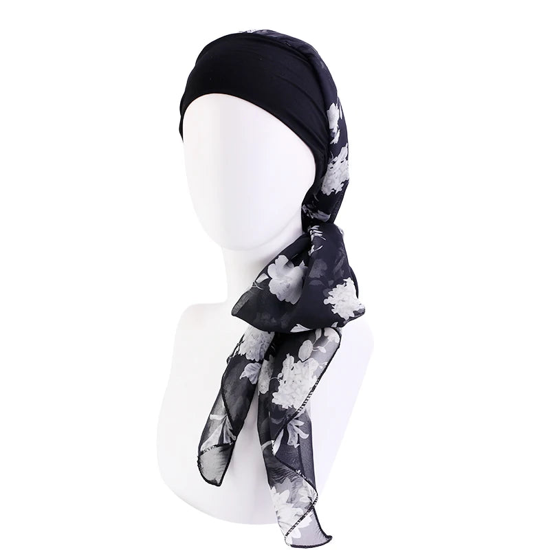 Turbante elástico con estampado de flores para mujer musulmana, para la cabeza preatado Hijab, Bandana para la pérdida de cabello, bufanda para la cabeza, novedad
