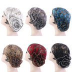 Turbante de encaje negro para mujer, gorro bajo bufanda, de flores grandes Hijab, sombreros musulmanes, gorro de flores, gorro de envoltura, sombreros islámicos, nuevo