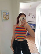 Top Halter a rayas de punto acanalado de arcoíris para mujer, ropa Sexy de verano Y2K, moda coreana, Top corto sin mangas con espalda descubierta, ropa de calle 2023