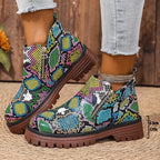 Botines de Plataforma | Estampado de Serpiente | Punta Redonda Elegante