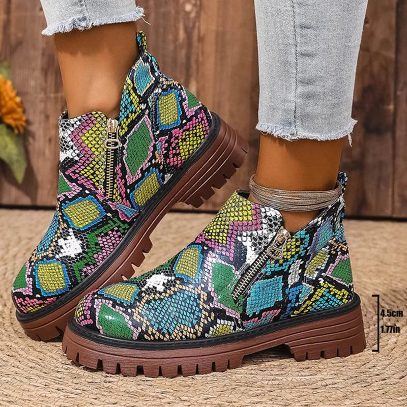 Botines de Plataforma | Estampado de Serpiente | Punta Redonda Elegante