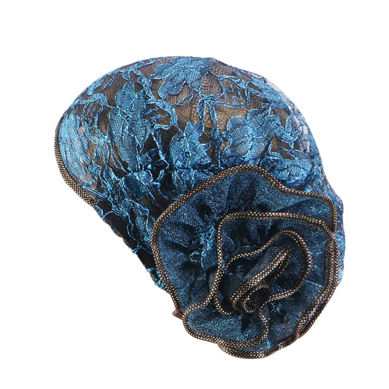 Turbante de encaje negro para mujer, gorro bajo bufanda, de flores grandes Hijab, sombreros musulmanes, gorro de flores, gorro de envoltura, sombreros islámicos, nuevo