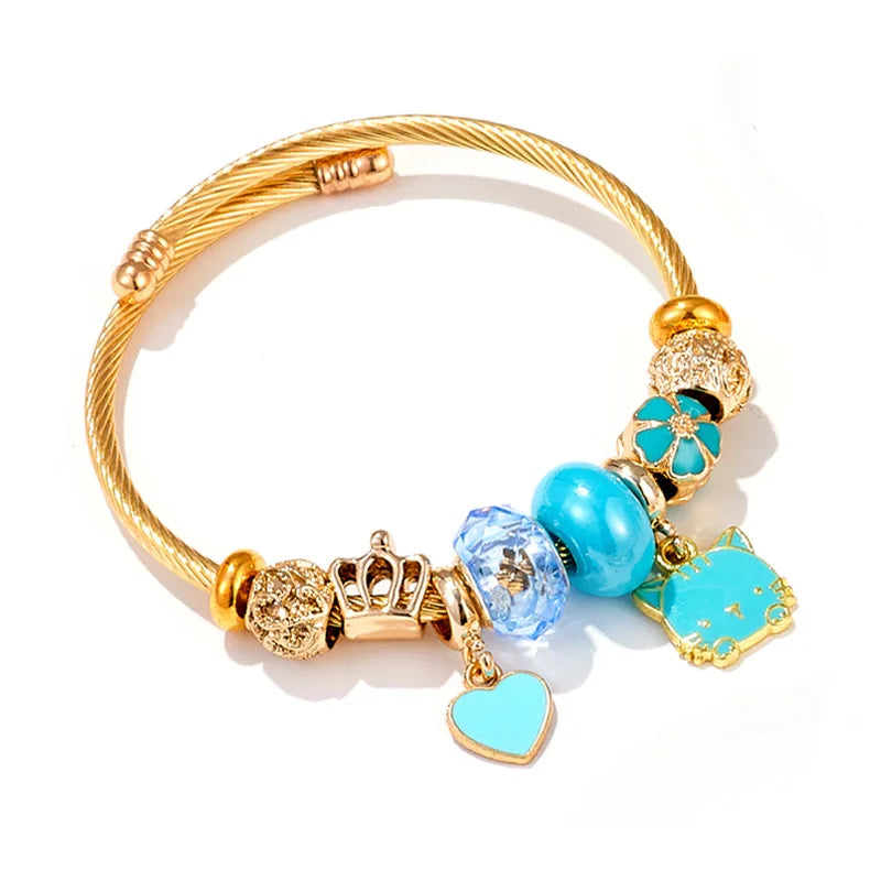 Pulseras con dijes de corona de flor de gato para mujeres y niñas, brazalete de acero inoxidable de Color dorado, accesorios dulces, joyería, regalo de Navidad