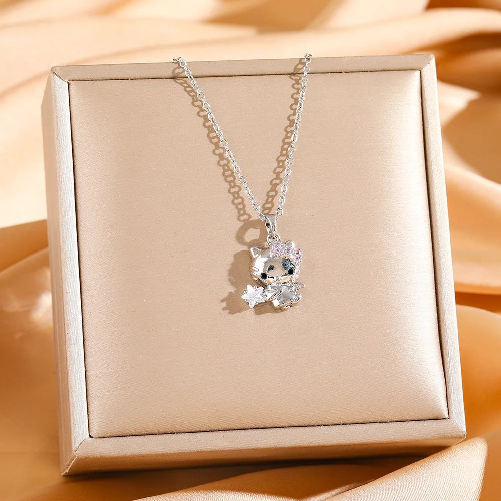Sanrio lindo ángulo de Hello Kitty con collares con colgante de estrella de circón para mujeres niñas Color oro plata joyería de cadena de acero inoxidable