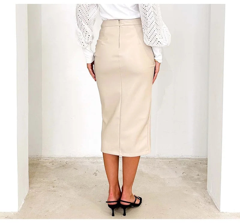 Falda Midi De Cuero Sintético Con Abertura Y Pliegues Sexy