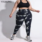 VEQKING-pantalones de Yoga de talla grande para mujer, mallas deportivas 4XL, cintura alta elástica, mallas a tope, pantalones de entrenamiento teñidos anudados de secado rápido