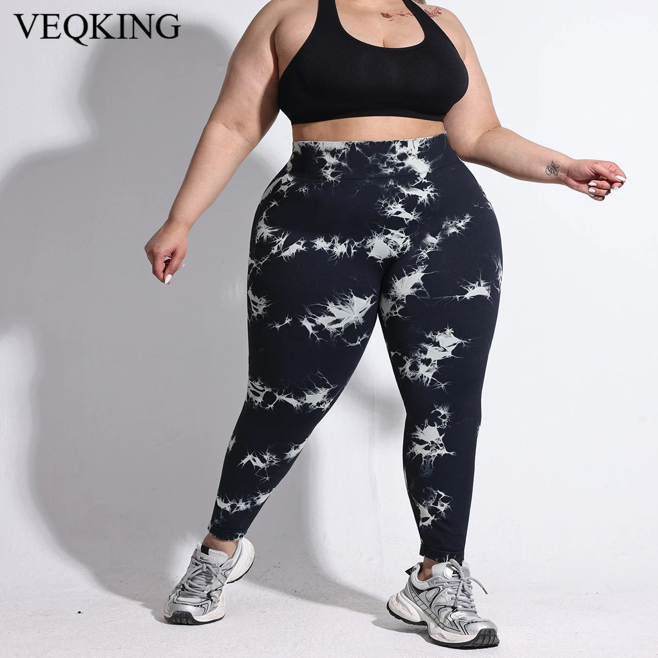 VEQKING-pantalones de Yoga de talla grande para mujer, mallas deportivas 4XL, cintura alta elástica, mallas a tope, pantalones de entrenamiento teñidos anudados de secado rápido