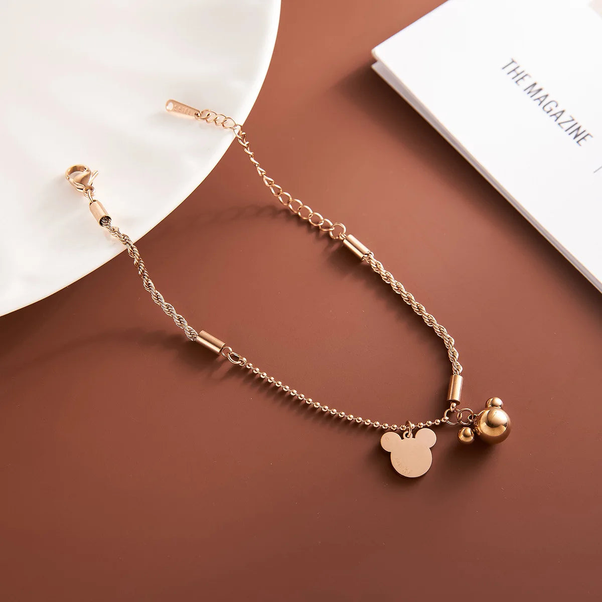 Pulsera Dijes Mickey Mouse Acero Inoxidable Oro Rosa | Estilo Adorable Tendencia