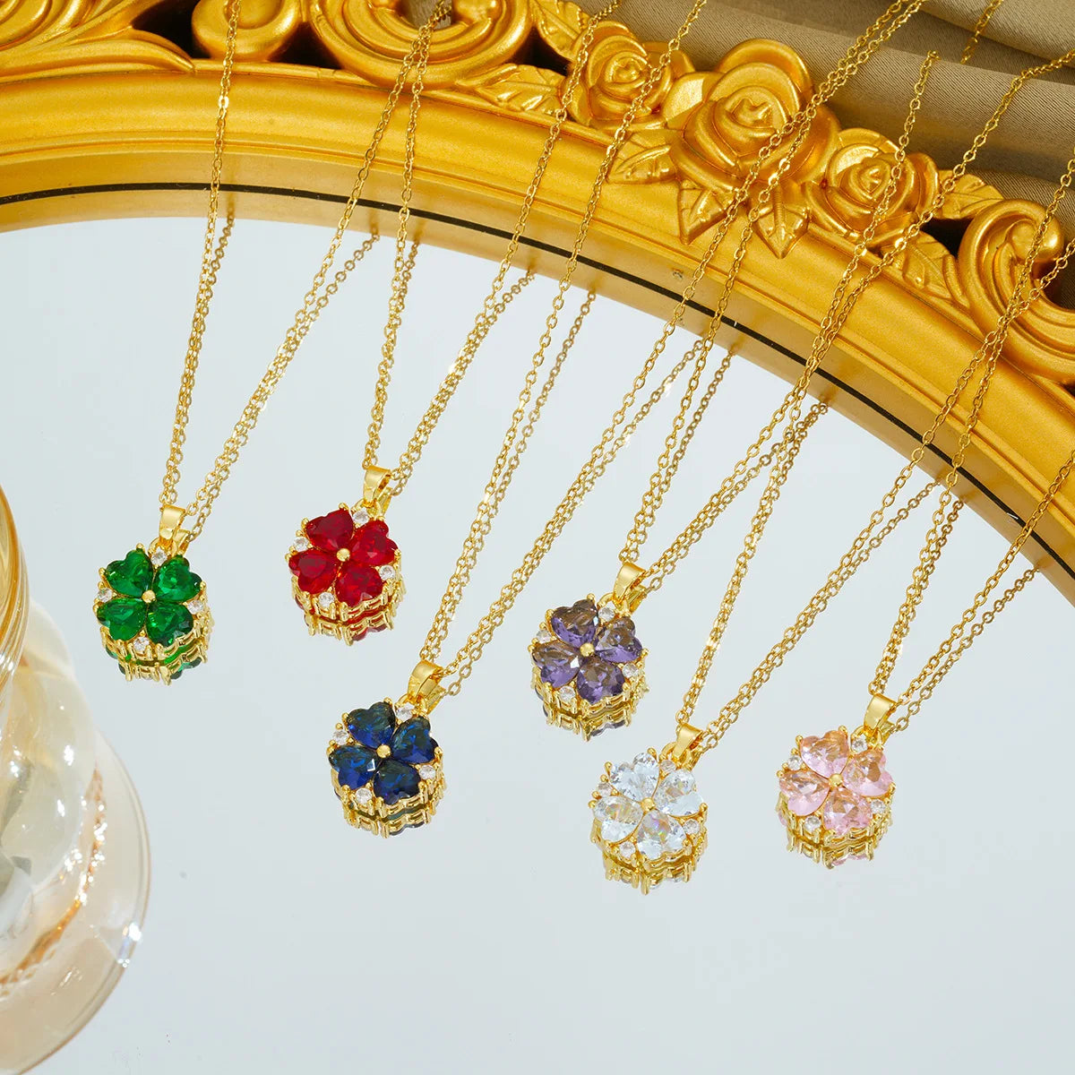 Cadena de acero inoxidable, collares con colgante de trébol de circón colorido romántico clásico para mujeres y niñas, accesorios de joyería, regalos