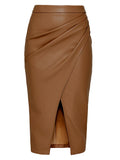 Falda Midi De Cuero Sintético Con Abertura Y Pliegues Sexy