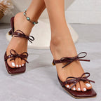 Sandalias Mula Tacón Fino Alto Lazo Decorativo | Punta Cuadrada Elegante Moda