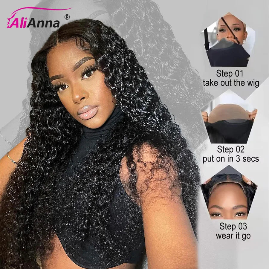 Peluca sin pegamento de onda de agua, cabello humano listo para usar, cabello humano rizado profundo, cierre de encaje, peluca brasileña, 6x4