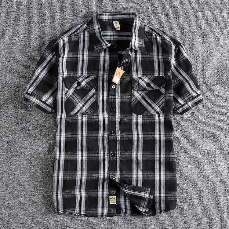 Camiseta Cuadros Vintage Hombre | Algodón Lavado | Dos Bolsillos | Estilo Costa Oeste | Ticotrendy