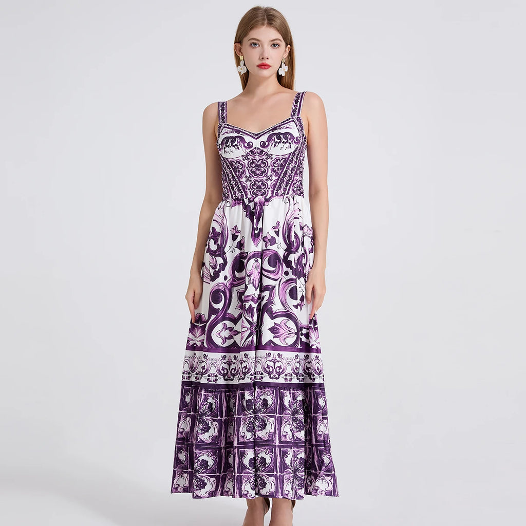 Vestido Vintage Estampado A-Line | Tiras de Espagueti Espalda al Aire Primavera Verano
