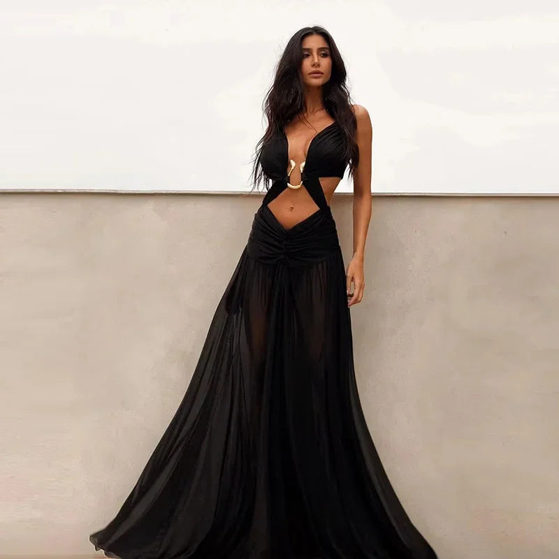 Vestido de Fiesta Largo con Escote V y Espalda Descubierta
