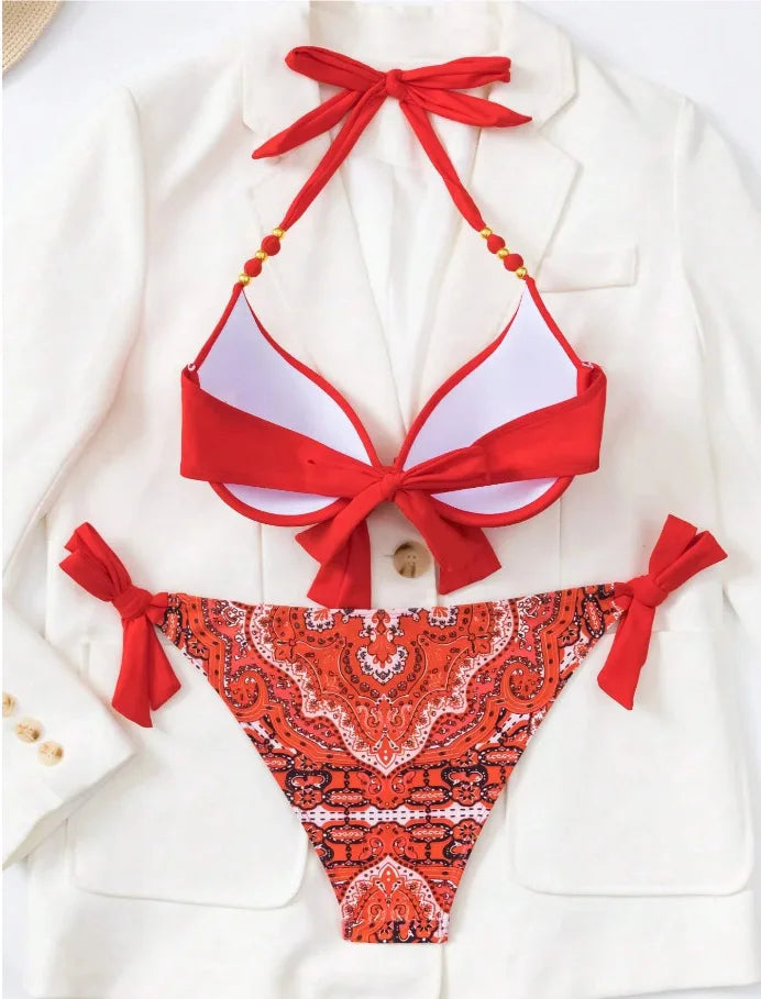 Bikini de Neón con Lazo Lateral y Estampado de Cachemira Push Up