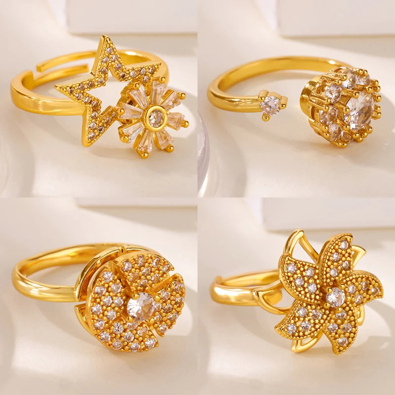 Anillo Ticotrendy Giratorio | Molino Flor Estrella Circón | Acero Inox Oro | Joyería Boda