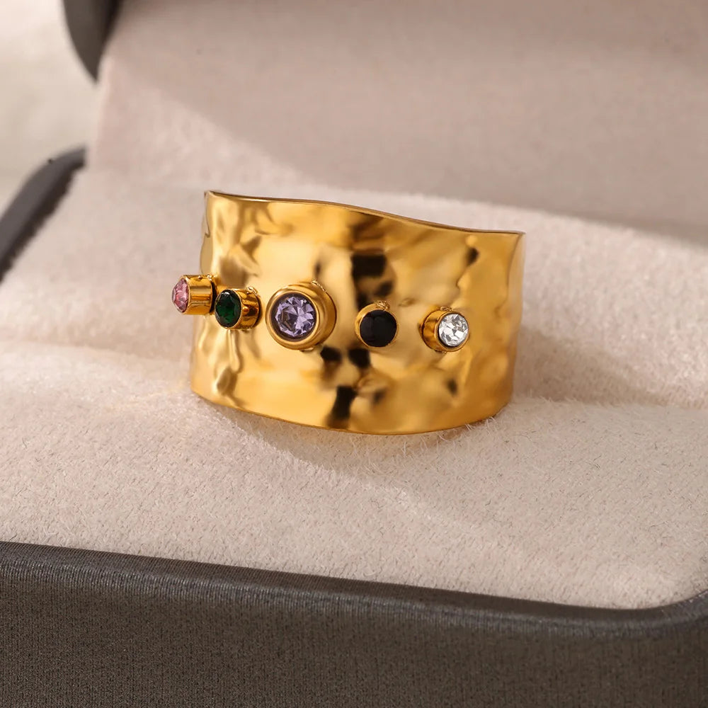 Anillo Ticotrendy Geométrico | Multicapa Circón | Grueso Acero Inox Oro