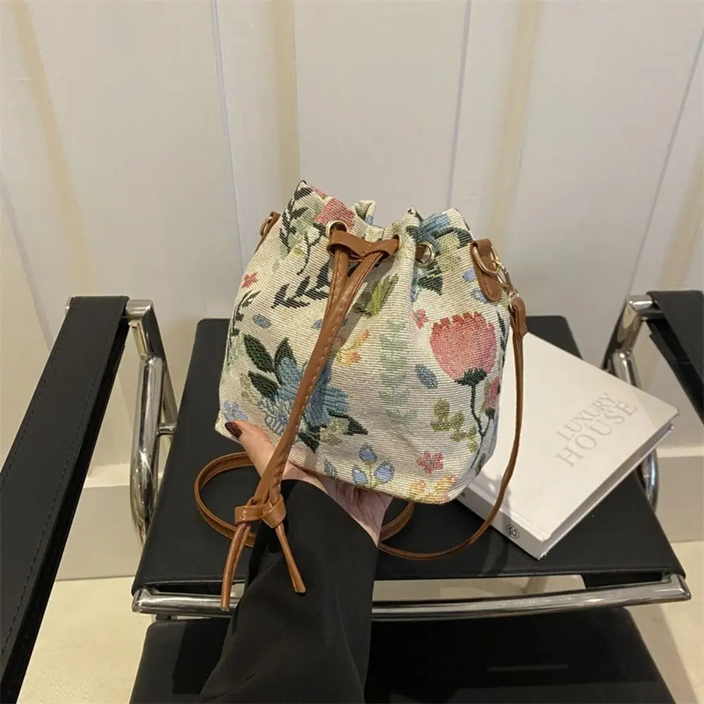 Bolso Tipo Cubo de Lino Floral Étnico para Mujer