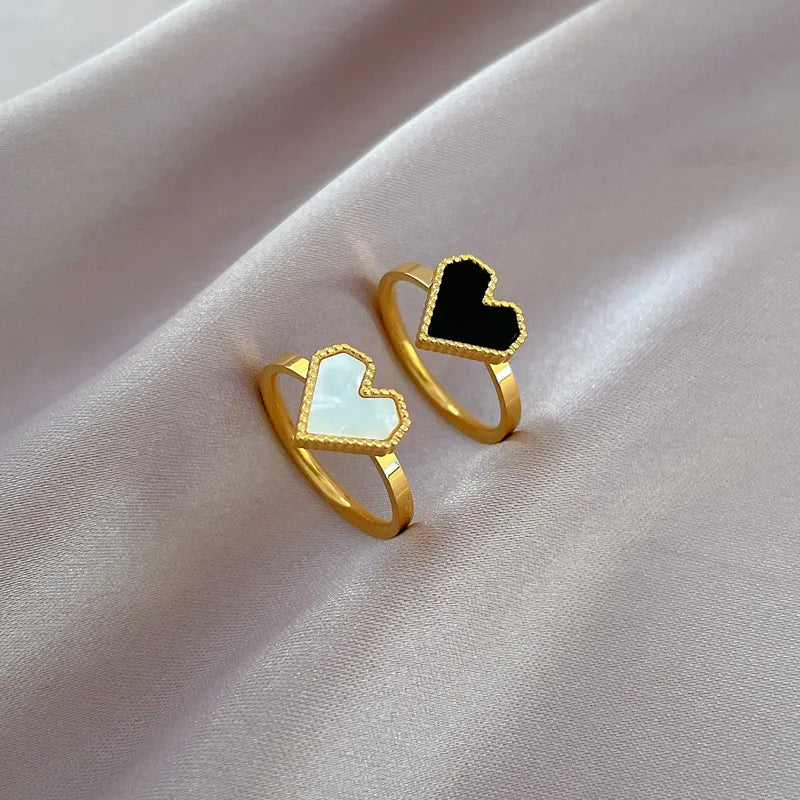 Anillos simples de corazón de amor de concha de acero inoxidable para mujeres y niñas, anillos de concha blanca y negra, regalos de joyería para amigos