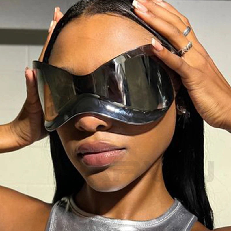 Gafas Sol Gran Tamaño Sin Montura Futuristas | PUNK Y2K Plateadas UV400 Espejo