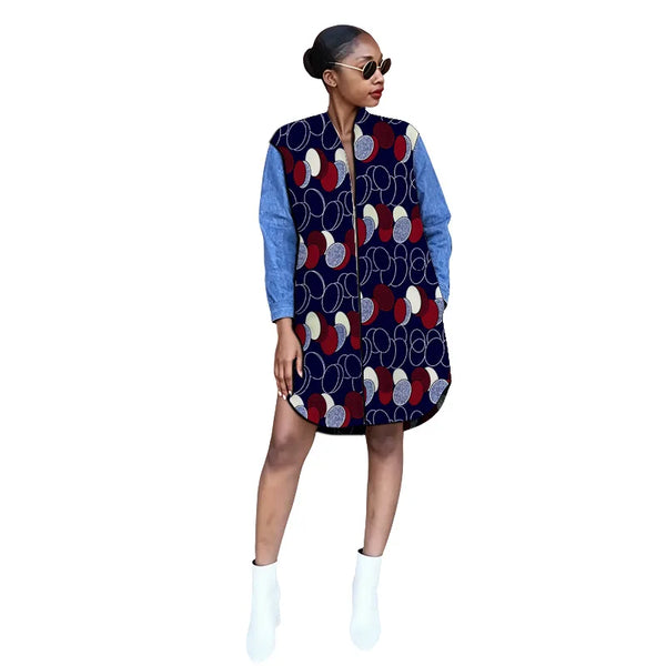 Vestido Africano sin Cuello con Parches de Mezclilla