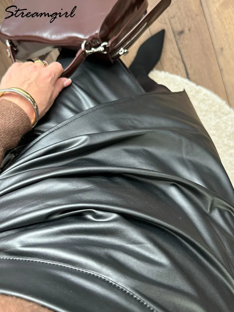 Falda Midi De Cuero Sintético Con Abertura Y Pliegues Sexy