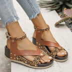 Sandalias de Cuña Leopardo con Correa en Tobillo | Tacón Alto | Talla Grande | Cuero PU