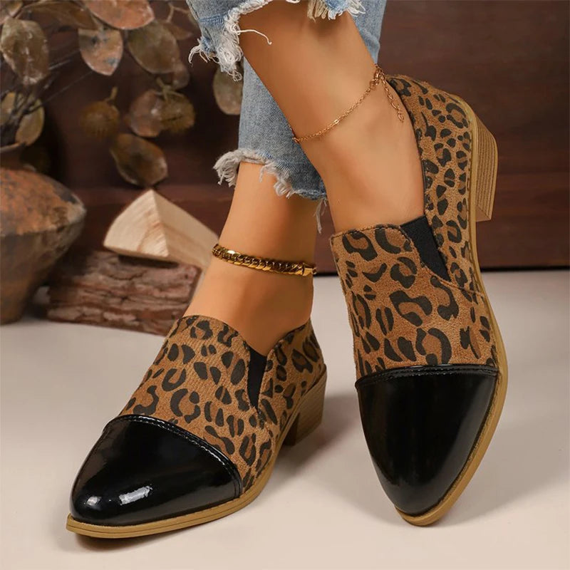 Zapatos de Tacón Bajo Leopardo | Tacón Cuadrado | Punta Estrecha | Talla Grande