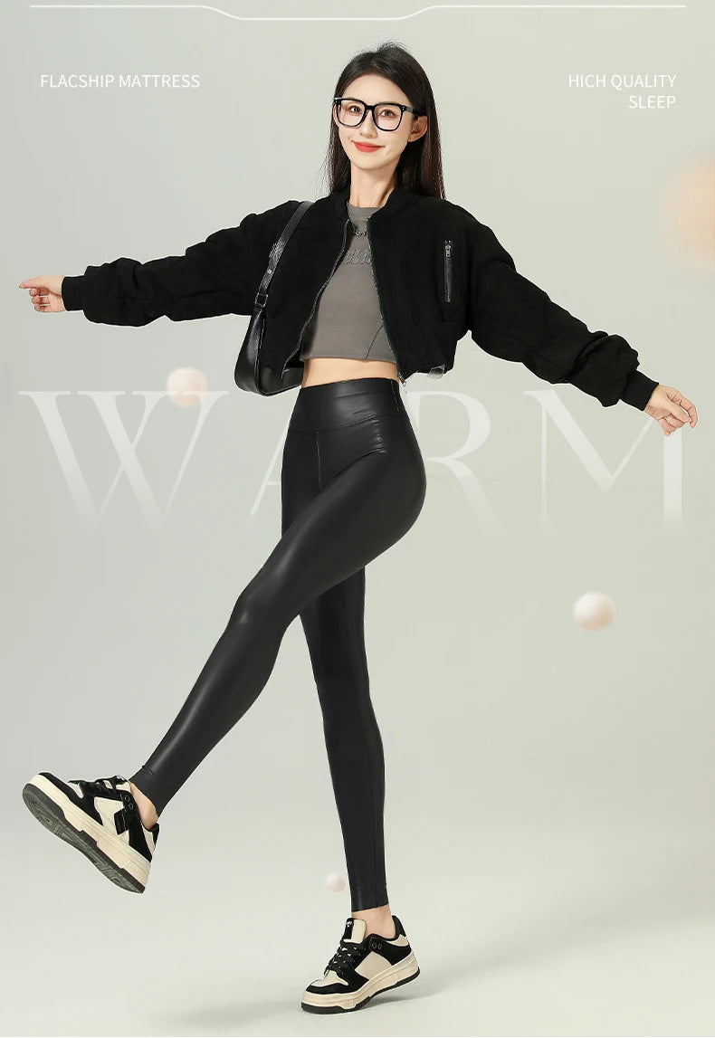 Leggings PU Cuero Invierno | Lana Fina Sexy Ajustado | Cintura Alta Elástico Cálido