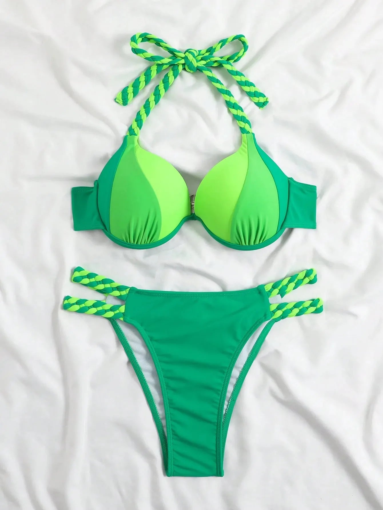 Bikini Push Up Colorblock con Estilo Halter para Playa